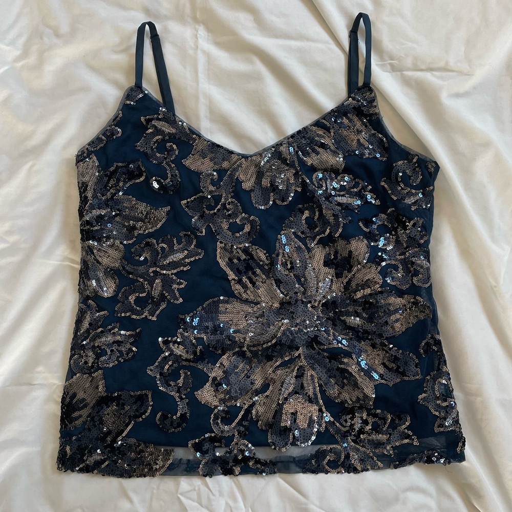 Deep Blue Mesh Sequins Spaghetti Strap Party Top - image 2